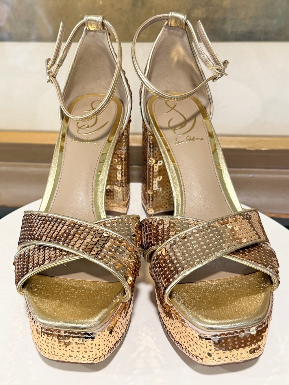 🌸SAM EDELMAN🌸 Jullian2 Platform Amber Gold Sequin Sandal Size: 6.5 - Picture 6 of 11